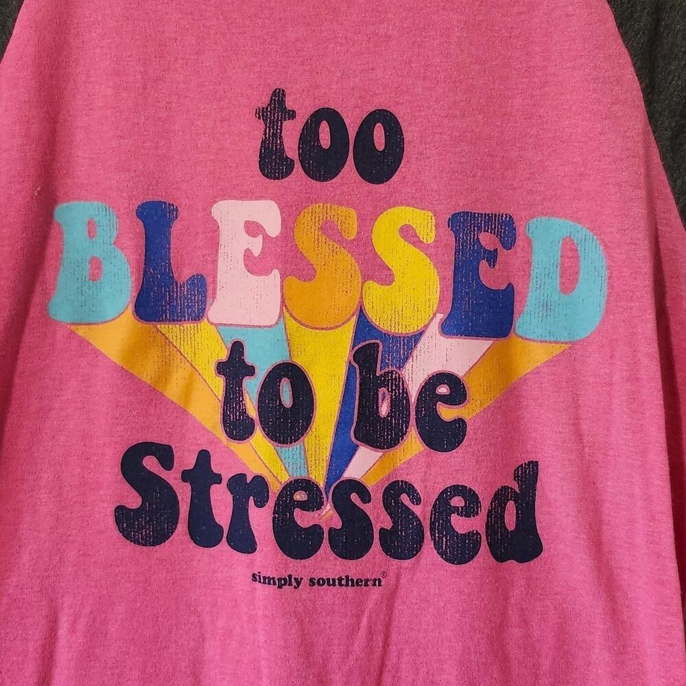 Simply Southern pink and black "Too Blessed To Be Stressed" baseball tee Size S - Picture 2 of 4